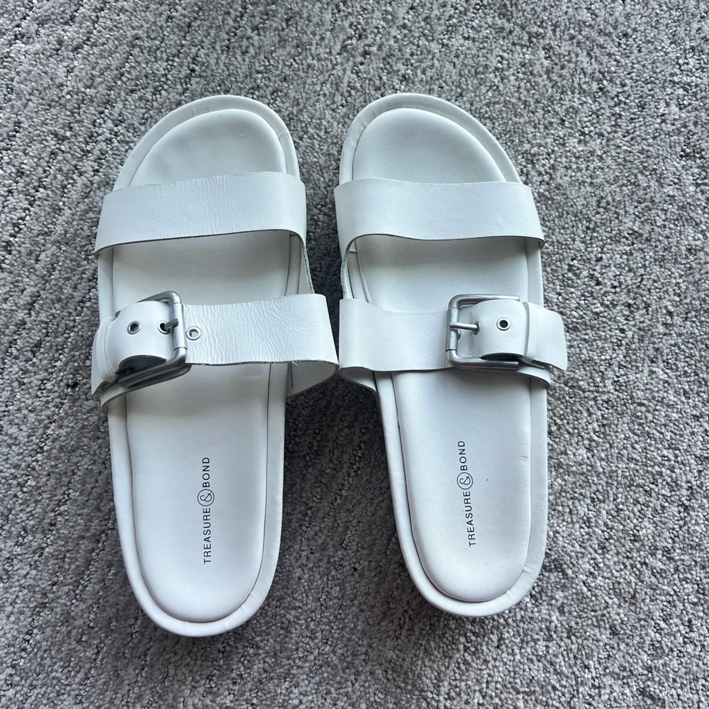 Treasure & Bond White Slide Sandals with Silver Buckle